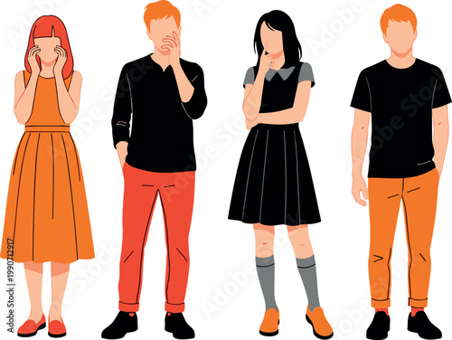 Group of young people in trendy outfits standing together expressing various emotions like thinking doubting and questioning things vector illustration.