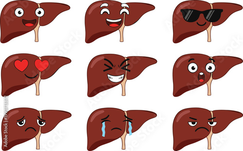 Foto Cartoon Vector Illustration of Human Liver Characters Displaying Multiple Emotio