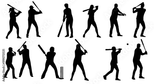 A group of black silhouettes of men playing cricket isolated on transparent background, Vector