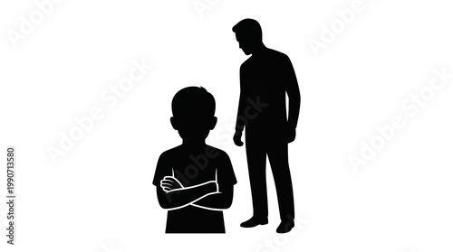 Silhouette of child with crossed arms and adult man standing nearby  