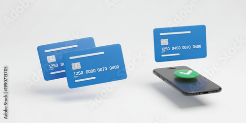 Professional 3D Mobile Banking Illustration with Blue Credit Cards and Smartphone for Online Payments Digital Wallets Financial Services E-commerce Security and Transaction Success