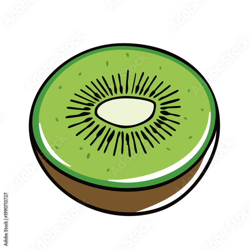 Vibrant cartoon illustration of a juicy kiwi fruit slice showcasing its green flesh and black seeds