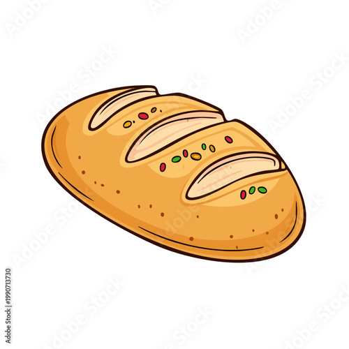 Hand-drawn illustration of a golden brown loaf of bread with colorful seeds and scoring marks