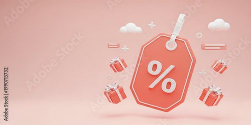Professional 3D Render of a Coral Price Tag with Percent Symbol and Floating Gift Boxes for E-commerce Sale Promotions Marketing and Shopping Offers