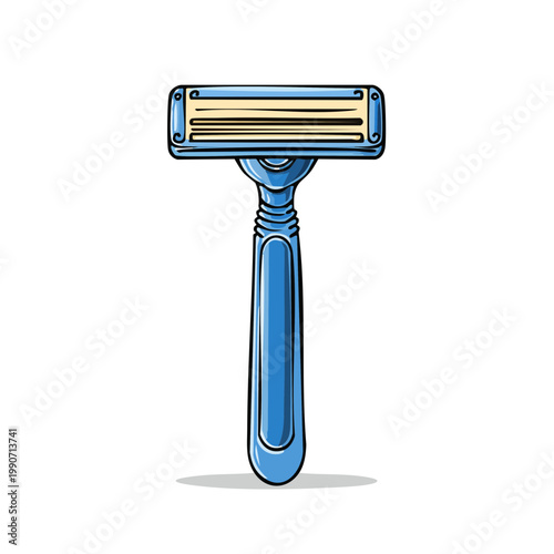 A bright blue disposable razor with a three blade head stands upright on a clean white surface