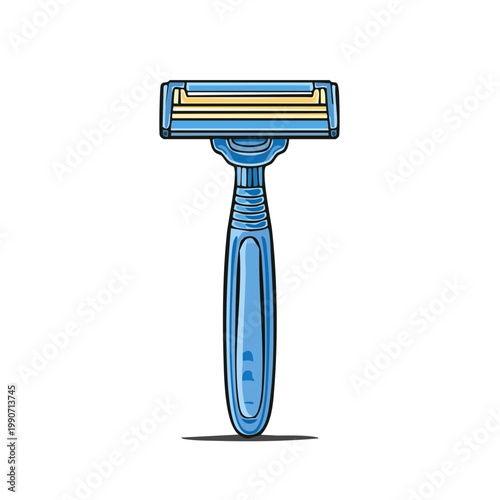 Close-up of a disposable blue razor with multiple blades, isolated on a white background.