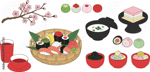 Japanese Sushi, Mochi, Cake, Ice Cream, Soup, and Tea with Cherry Blossoms for Cultural, Culinary, and Educational Media Designs