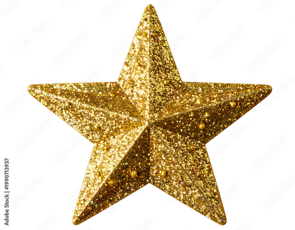 Fototapeta premium A glittery, five-pointed golden star on a white background