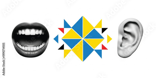 Speaking and Listening Communication Concept with Open Mouth Ear and Abstract Sound Symbol for Language Expression Design