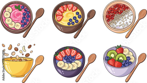 Cartoon Smoothie and Breakfast Bowls with Fruits, Nuts, and Yogurt for Culinary, Healthy Eating, and Educational Media Designs