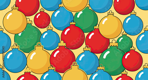 Colorful, round ornaments adorn a bright, patterned background