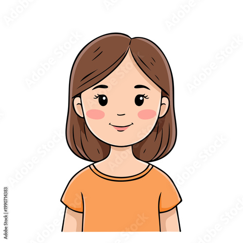 Cartoon girl with brown bob haircut and orange t shirt smiling cheerfully