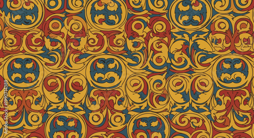 Ornate, stylized floral motifs in a repeating, geometric pattern of gold, red, and blue