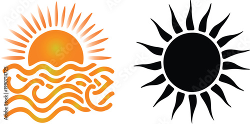 Contrast between vibrant sunrise over waves and minimalist black sun illustration