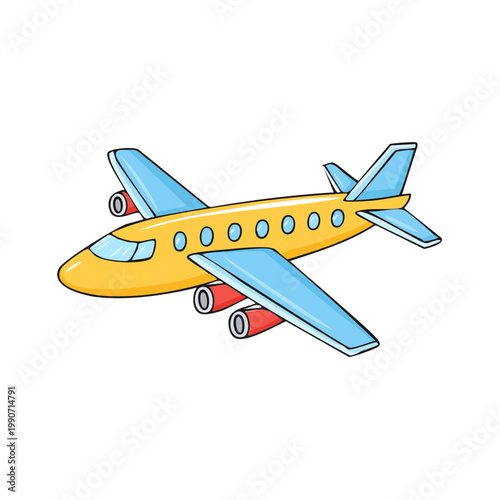 Bright yellow airplane with blue wings and red engines depicted as a simple illustration