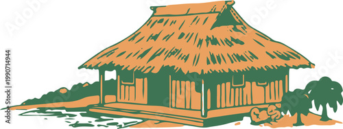 Traditional thatched roof house surrounded by natural landscape and greenery