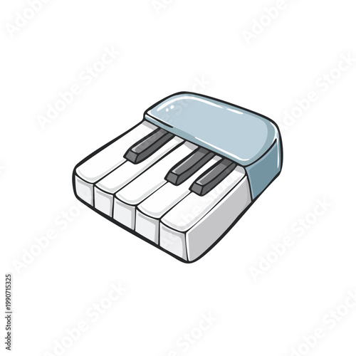 Cartoon illustration of a small, portable electronic keyboard with blue and white keys