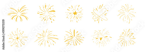 Crayon firework pastel yellow confetti, hand drawn sketch chalk texture set. Kids color chalk pencil firecracker, sunburst, explosion