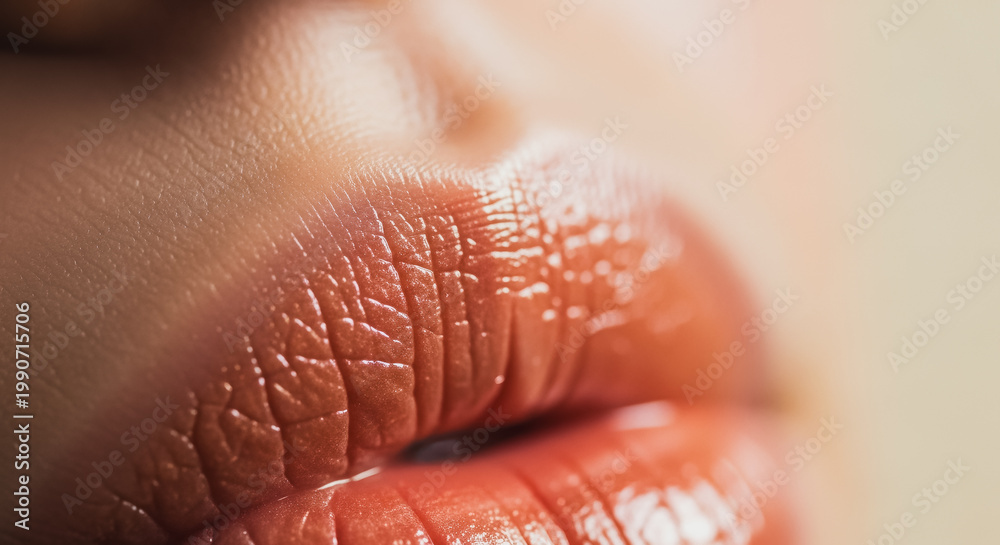 Fototapeta premium Close-up of human lips with glossy peach lipstick