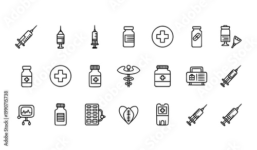 Medical syringe line icons vaccination injection healthcare outline vector illustration set
