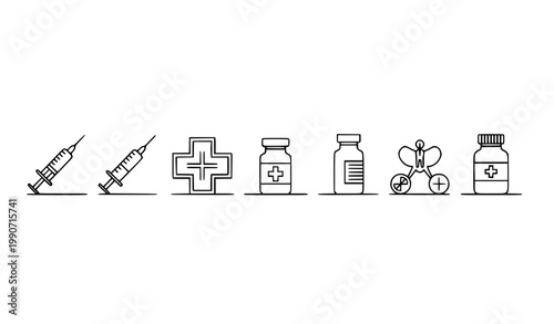 Medical syringe outline icons vaccination injection line vector set