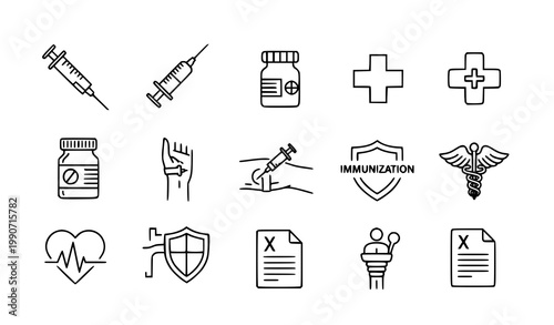 Medical syringe vaccination icons injection healthcare outline vector illustration set