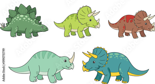 Colorful Cartoon Dinosaurs Including Stegosaurus, Triceratops, and Brontosaurus in Playful Poses for Children’s Storybooks, Educational Nature Media, and Creative Designs