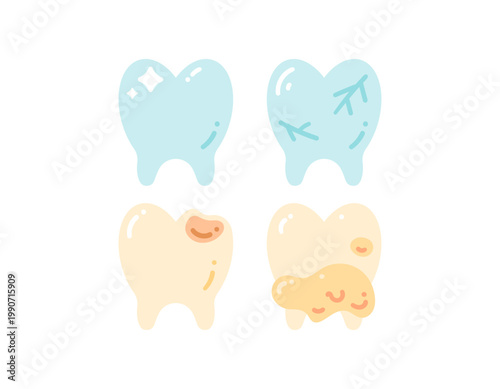 A collection of clipart illustrations or stickers on the theme of health and dental problems. Cavities, cracked teeth, healthy teeth, plaque covered teeth. Conditions. Symbols, icons, elements, flat 