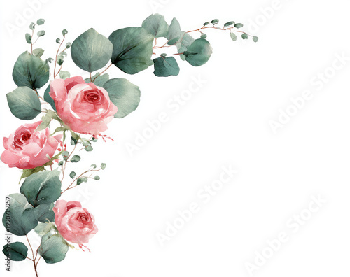 Delicate pink roses and eucalyptus leaves form a corner floral arrangement