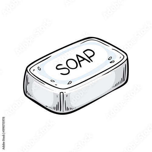 Hand drawn illustration of a white bar of soap with the word soap written on top
