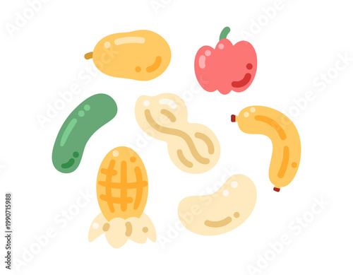 A collection of clipart illustrations or stickers on the theme of harvest. Peanuts, cucumbers, papayas, peppers, corn, bananas, soybeans. Food, fruits, and vegetables. Symbols, icons, elements, flat 