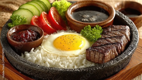 Delicious Steak and Egg Rice Bowl with Fresh Vegetables.