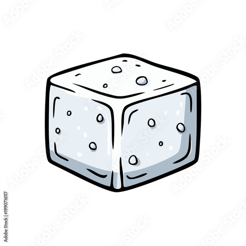 Hand drawn illustration of a single sugar cube with small bubbles and shadows