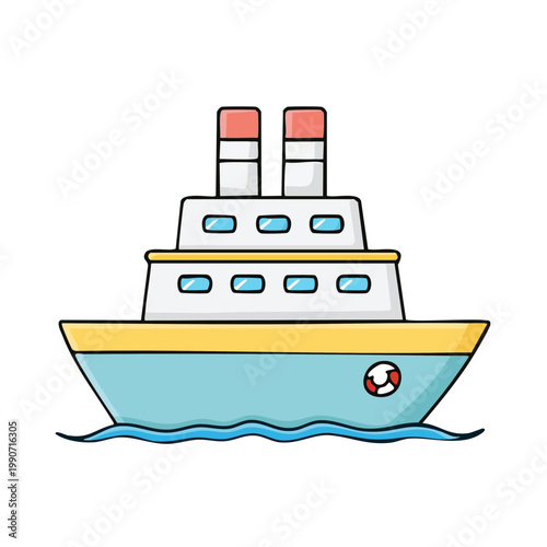 Cartoon Cruise Ship Sailing on Blue Water with Red and White Funnels