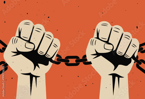 Two powerful clenched fists are bound together by a metal chain against a grunge textured orange background