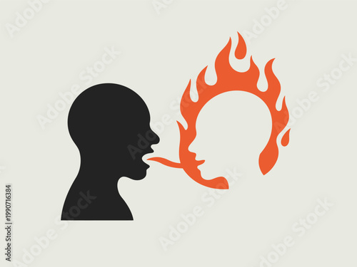 Two head silhouettes in profile with one person screaming a fiery red tongue at another