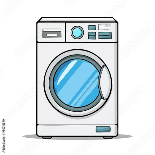Front-loading washing machine with a clear blue glass door, electronic controls, and a sleek white modern design.