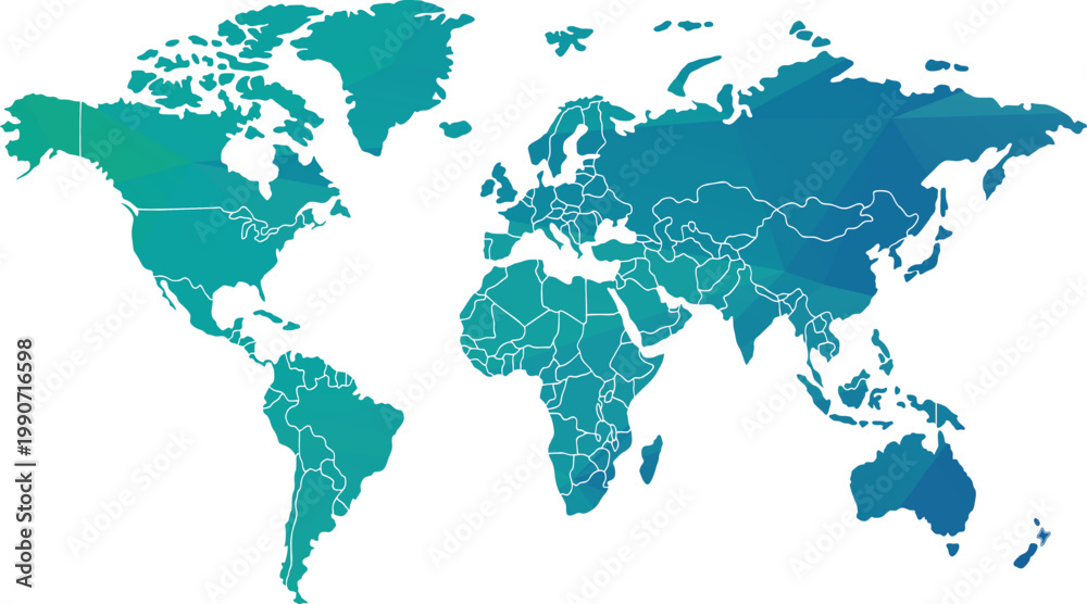Obraz premium Geometric World Map Vector, Global Continents Illustration, Teal Blue Gradient, Digital Art vector illustration