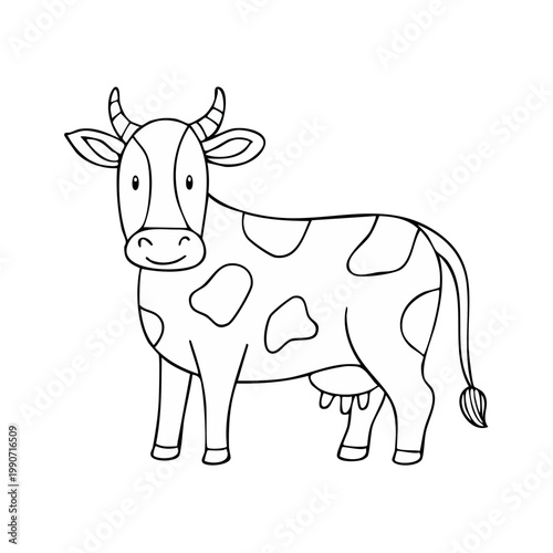 Cute outline cartoon Holstein cow with spots standing and smiling on white background