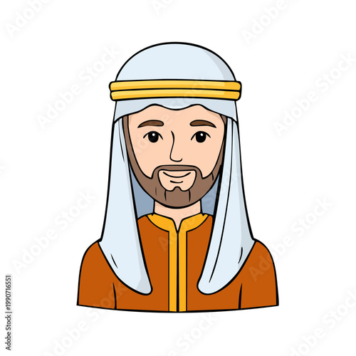 Middle Eastern Man Wearing Traditional Headwear and Robe Cheerful Expression