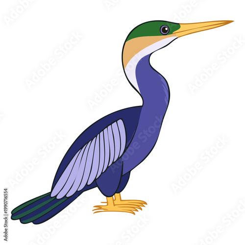 Illustration of a colorful long-necked water bird with blue body green head and yellow beak