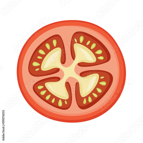 Close up slice of fresh juicy red tomato showing seeds and pulp healthy food ingredient