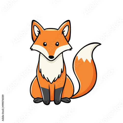Cute cartoon fox sitting alertly with bushy tail and white tipped fur illustration