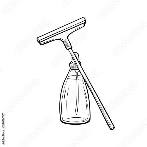 Window cleaning tool with squeegee and spray bottle illustration