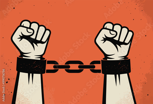 Two powerful fists are still bound by an unbroken chain on an orange background, symbolizing captivity and struggle