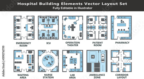 Hospital planning vector icons set, top view medical layout symbols, emergency, ICU, operation theater, pharmacy, wards, nurse station CAD plan