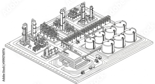Detailed isometric industrial refinery plant schematic illustration.
