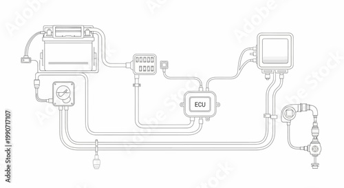 Detailed vector illustration of an automotive electrical system, a clean CAD design showcasing wiring and circuit elements, presented as a technical drawing for engineers