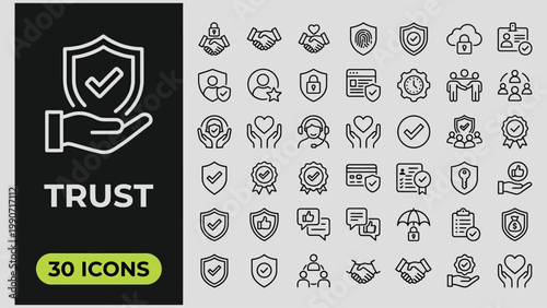 Trust Web Icon Set in Linear Style. Collection of trustworthy, credibility, confidence,line icons, including trustworthy,  integrity, confidence, promise, loyalty, honesty and more. Editable stroke
