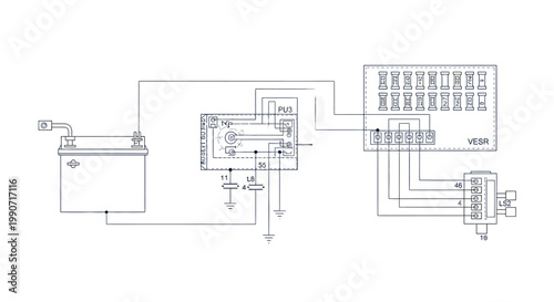 A detailed automotive electrical system diagram, a vector illustration with a technical drawing aesthetic, depicts wiring and circuit connections in a Computer Aided Design layout
